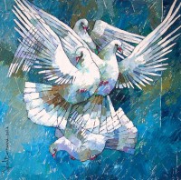 Iqbal Durrani, Early Flight, 26 x 26 Inch, Oil on Canvas, Pigeon Painting, AC-IQD-216